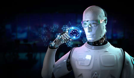 Cloud computing technology concept with 3d rendering robot with graphic display