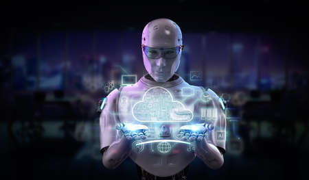 Cloud computing technology concept with 3d rendering robot with graphic displayの写真素材