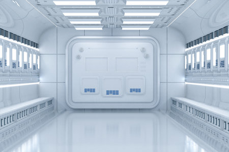 3d rendering interior white and clean empty futuristic factory with conveyor beltの写真素材
