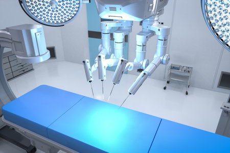 3d rendering hospital surgery room with C-Arm machine and surgery robotの写真素材