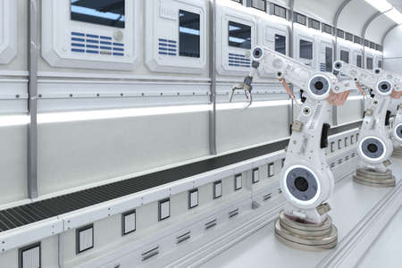 Automation industry concept with 3d rendering robot assembly line in  factory