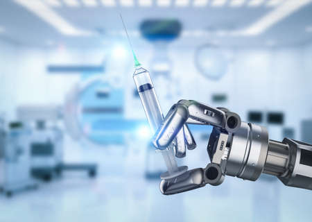Medical technology concept with 3d rendering robotic hand holding syringe in laboratory