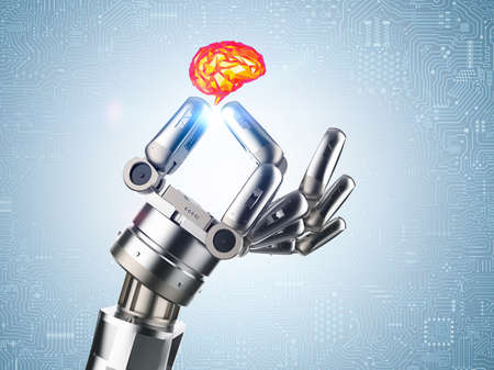 Machine learning concept with 3d rendering robotic arm with polygonal brainの写真素材