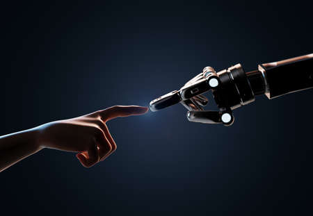Technology connection concept with 3d rendering cyborg connect to humanの写真素材