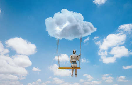 3d rendering ai robot on swing with cloudy skyの写真素材