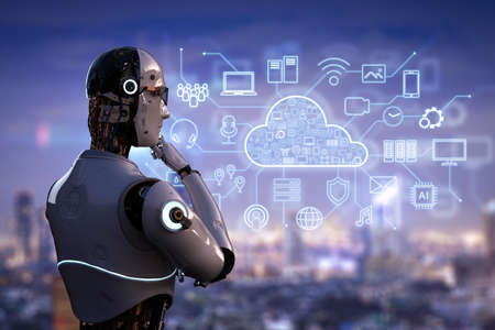 Cloud computing technology concept with 3d rendering humanoid robot work with cloud icon graphic displayの写真素材