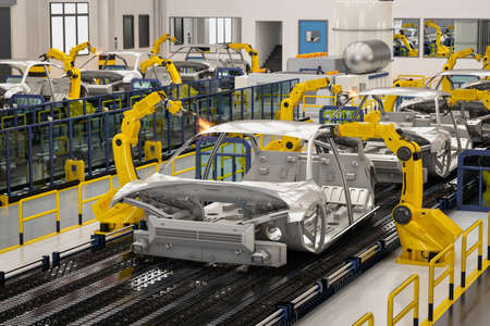 Automation automobile factory concept with 3d rendering robot assembly line in car factoryの写真素材