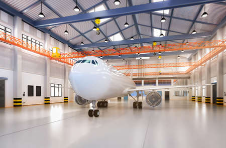 3d rendering commercial airplane in hangar for maintenanceの写真素材