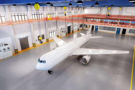 3d rendering commercial airplane in hangar for maintenanceの写真素材