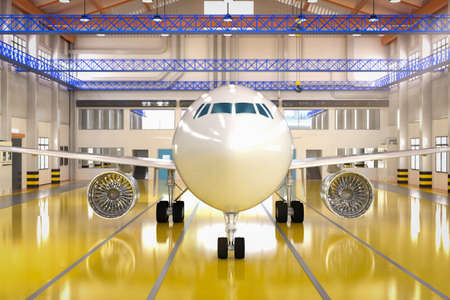 3d rendering commercial airplane in hangar for maintenanceの写真素材