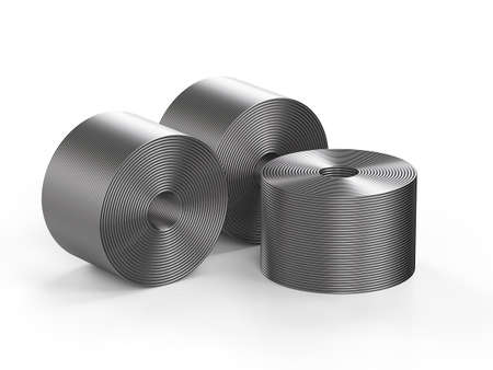 3d rendering group of rolls of metal wire or steel cableの写真素材