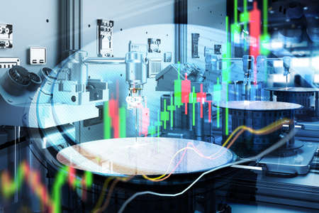 Semiconductor manufacturing business with 3d rendering robotic arms with silicon wafers and bar chart and line graphの写真素材