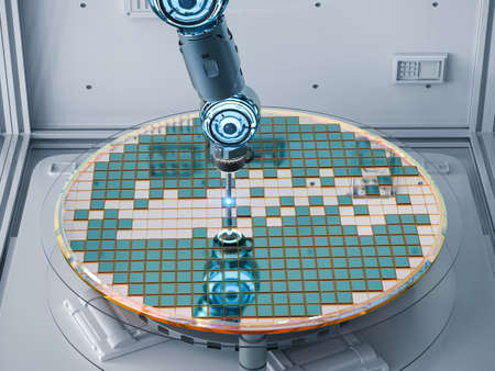 Semiconductor manufacturing with 3d rendering robotic arms with silicon wafersの写真素材