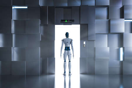Business opportunity concept with 3d rendering cyborg walk through elevator doorsの写真素材
