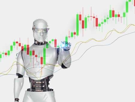 Trading robot concept with 3d rendering ai robot with candle stick graphの写真素材
