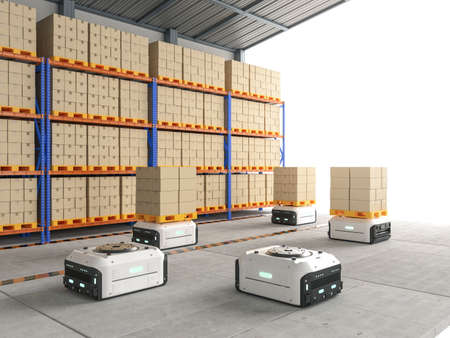 Automation warehouse management with 3d rendering warehouse robot carry cardboard boxの写真素材