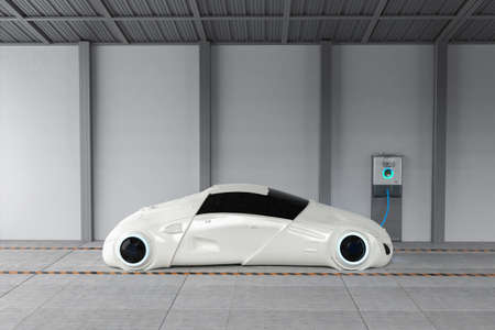 3d rendering driverless car or autonomous car plug in with ev charging station