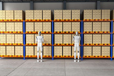 Automation warehouse concept with 3d rendering cyborg work in warehouse