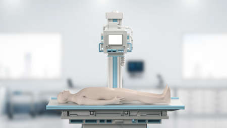 3d rendering x-ray treatment with x-ray scanner machine and model patientの写真素材
