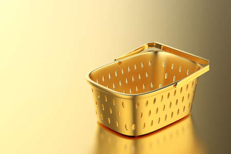 3d rendering empty golden basket on gold backgroundの写真素材