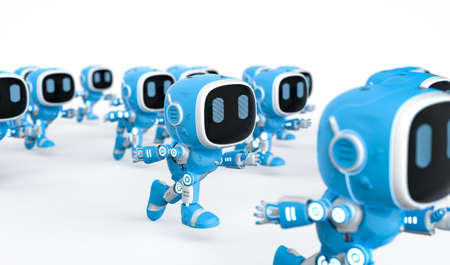 3d rendering group of cute and small artificial intelligence assistant robots running in competitionの写真素材