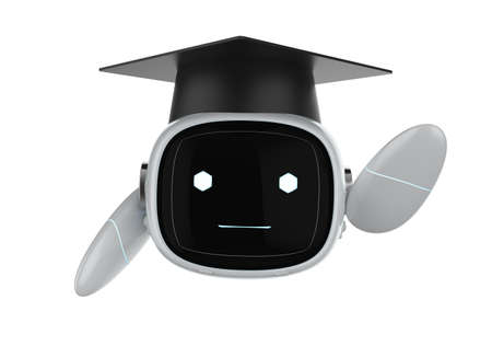 Machine learning concept with 3d rendering friendly robot with degree capの写真素材