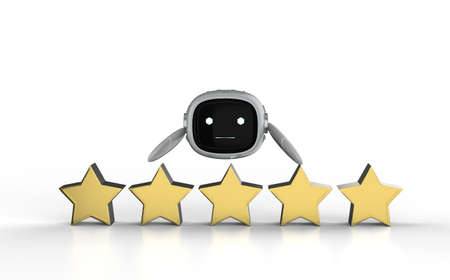 Leadership technology concept with 3d rendering small and cute assistant robot holding golden star...