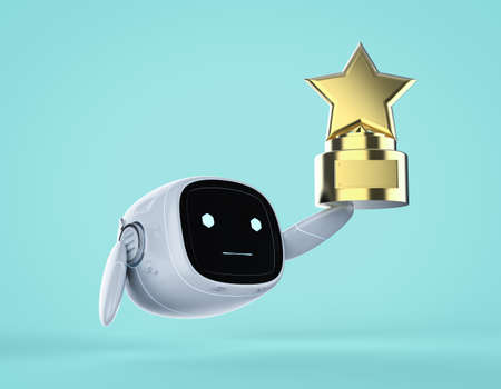 Leadership technology concept with 3d rendering small and cute assistant robot holding golden star...