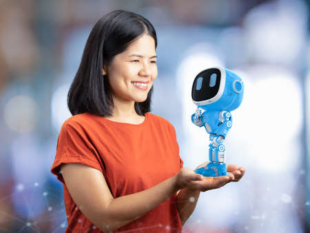 3d rendering small artificial intelligence robot assistant in human hand