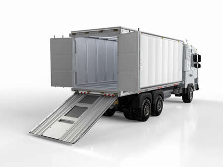 3d rendering logistic van trailer truck or lorry with container opened on white background