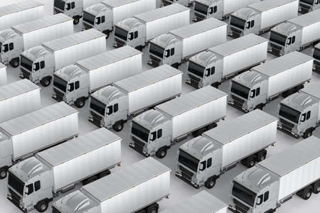 3d rendering isometric group of logistic trailer trucks or lorries terminal on white backgroundの写真素材