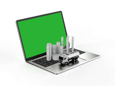 Petroleum business information with 3d rendering oil refinery and trailer truck on blank screen computer notebookの写真素材