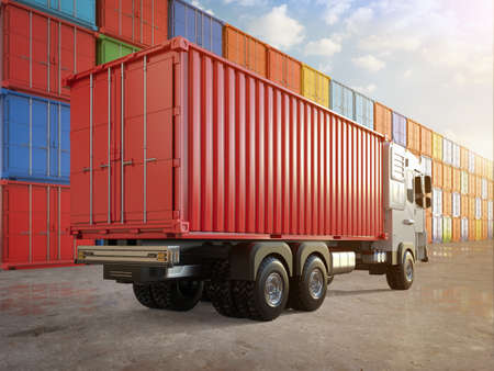 3d rendering red logistic trailer truck or electric vehicle lorry at container terminal