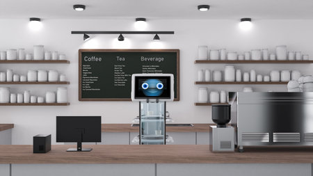 Automation cafe with 3d rendering robotic assistant or service robot serve foodの写真素材