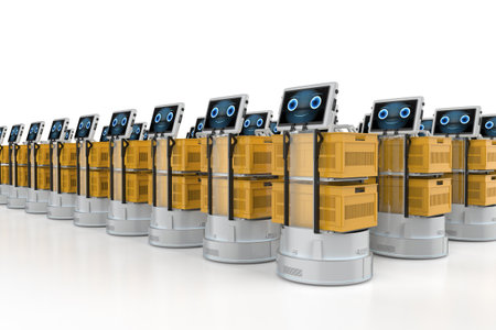 3d rendering warehouse robot or robotic assistant carry basketsの写真素材