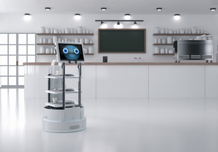 Automation cafe with 3d rendering robotic assistant or service robot serve foodの写真素材
