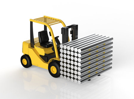 3d rendering heap of shiny aluminium billets in factoryの写真素材