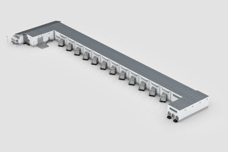 3d rendering warehouse exterior with shutter doors and truck parking lots isometric