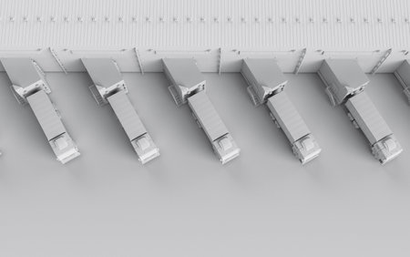 3d rendering group of logistic trailer trucks or lorries at warehouse