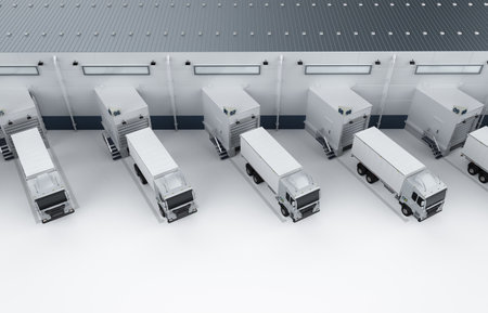 3d rendering group of logistic trailer trucks or lorries at warehouse