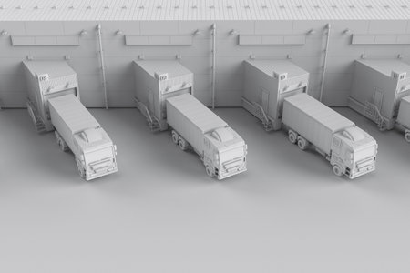 3d rendering group of logistic trailer trucks or lorries at warehouseの写真素材