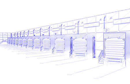 3d rendering blueprint of warehouse exterior with shutter doors and truck parking lots