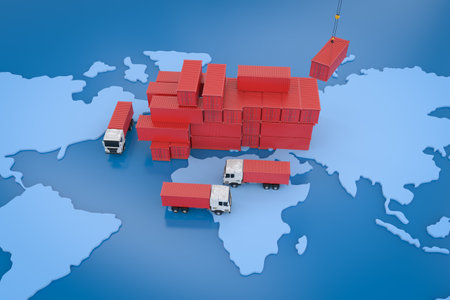 Logistic business with 3d rendering group of logistic trailer trucks with stack of containers
