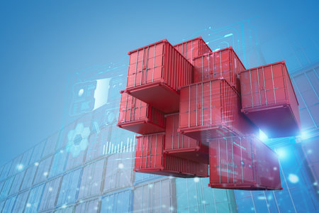 Logistic business with 3d rendering bunch of red containers and graphic display