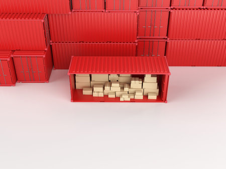 Logistic business with 3d rendering heap of carton boxes or cardboard boxes in red container
