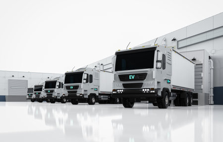 3d rendering group of logistic trailer trucks or lorries at warehouseの写真素材