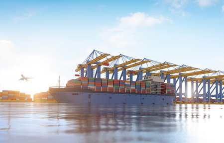 3d rendering cargo ship or vessel with containers at terminal portの写真素材