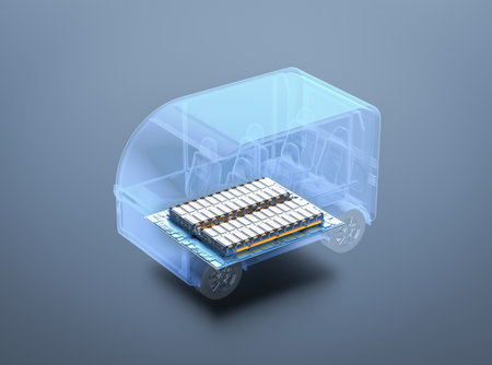 3d rendering electric car battery with pack of battery cells module on platform