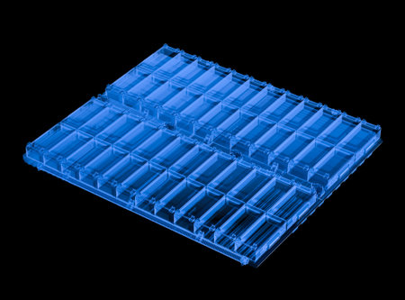 3d rendering x-ray electric car battery or pack of battery cells module isolated on black background