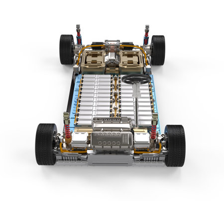 3d rendering electric car with pack of battery cells module on platform
